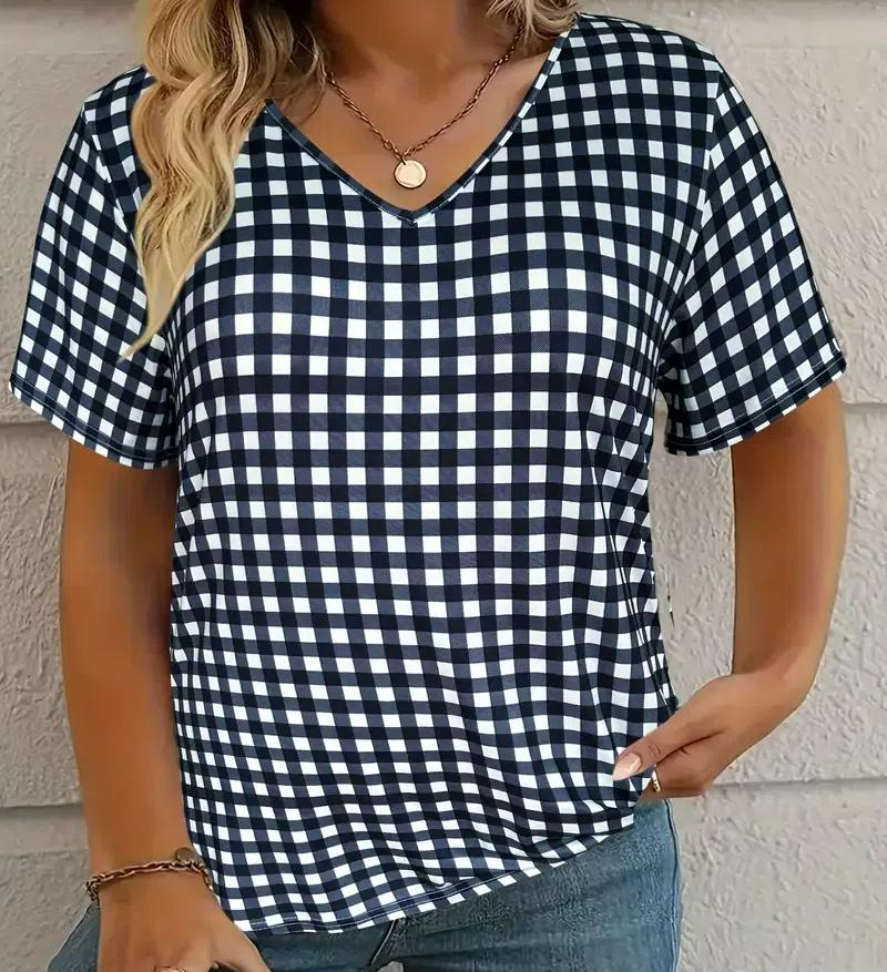 S-8XL Plus Size Women's T-shirt Plaid Pattern Print Summer Casual Short Sleeve Tops Tees Outdoor Fashion Loose Oversize Clothing