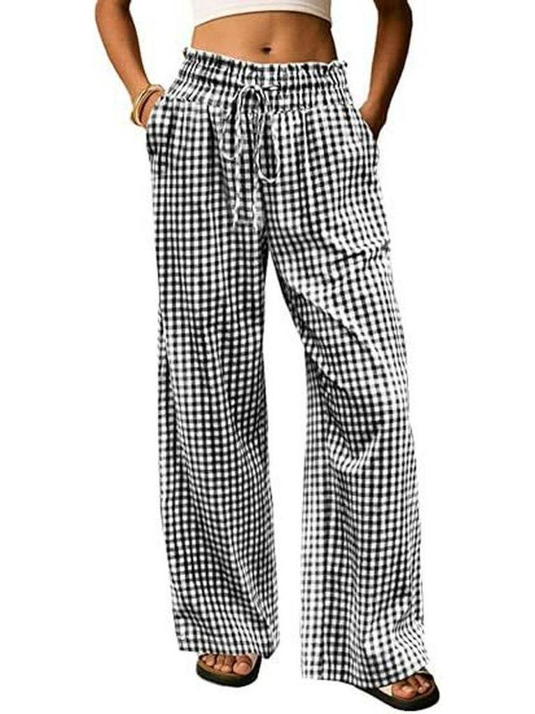 European Plaid Women's Wide-Leg Elastic High-Waist Pajama Pants with Drawstring