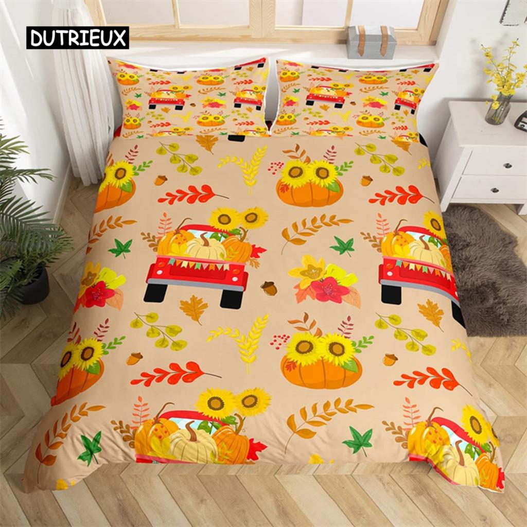 Turkey Maple Leaves Duvet Cover King Thanksgiving Pumpkin Bedding Set Microfiber Farmhouse Autumn Harvest Theme Comforter Cover