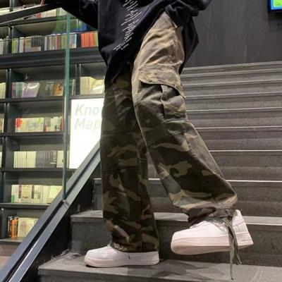 Men Baggy Pants Camouflage Multiple Pockets Elastic Waist Ankle Tied Streetwear Spring Autumn Hip Hop Loose Trouser for Sports