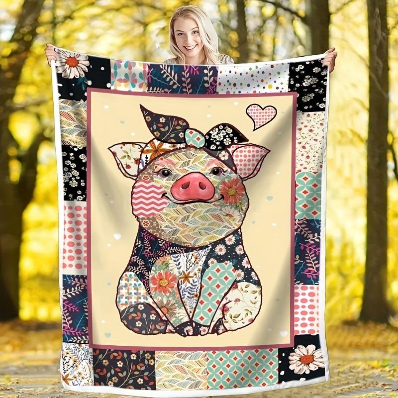 Whimsical Floral Patchwork Pig Flannel printed blanket suitable for all seasons suitable for living room office sofa and travel