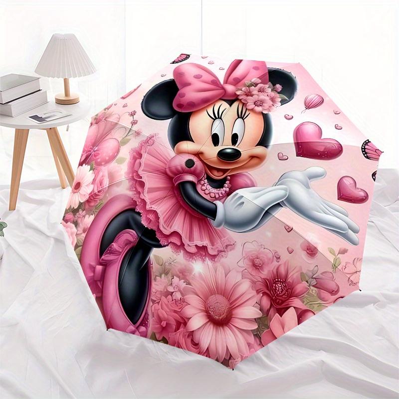 Minnie Mouse, Pink Floral Automatic Opening and Closing Umbrella, Compact Travel Umbrella, Lightweight and Portable, Suitable for Beach Comm