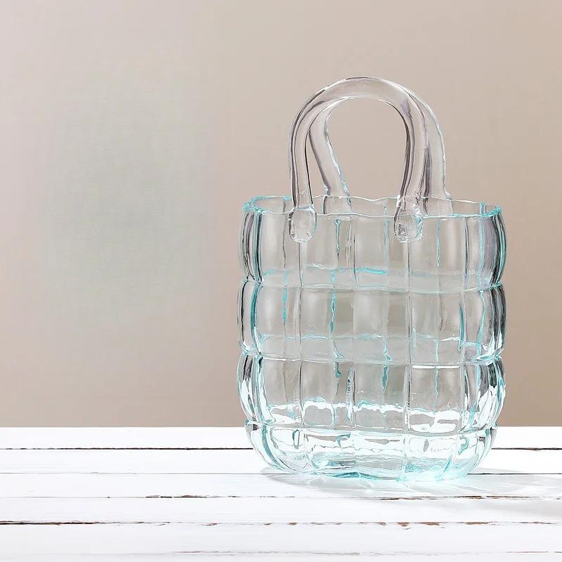 Portable Handle Grid Texture Glass Bag Vase Hydroponic Flower Arrangement Pot Multi Scene Tabletop Decor Nordic Minimalist Home Aesthetic Glass Craft синий