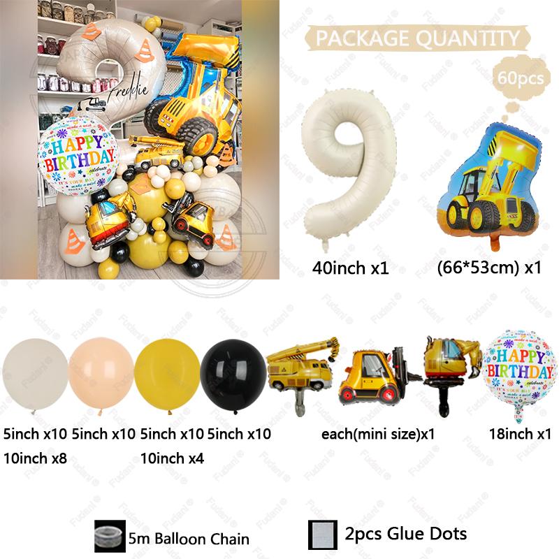 60pcs Construction Vehicle Balloon Cream White Number Birthday Balloon Set Architecture Theme Party Decoration Festival Supplies