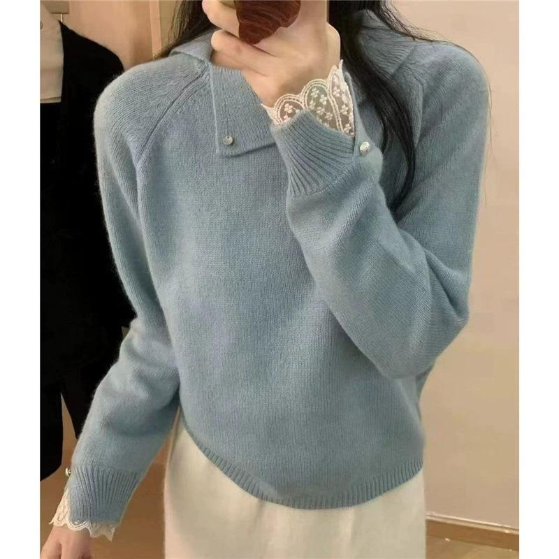 Premium sense shoulder sleeve mouth with lace soft waxy can be worn outside lapel long sleeve wool knitted sweater women's pullover sweater top