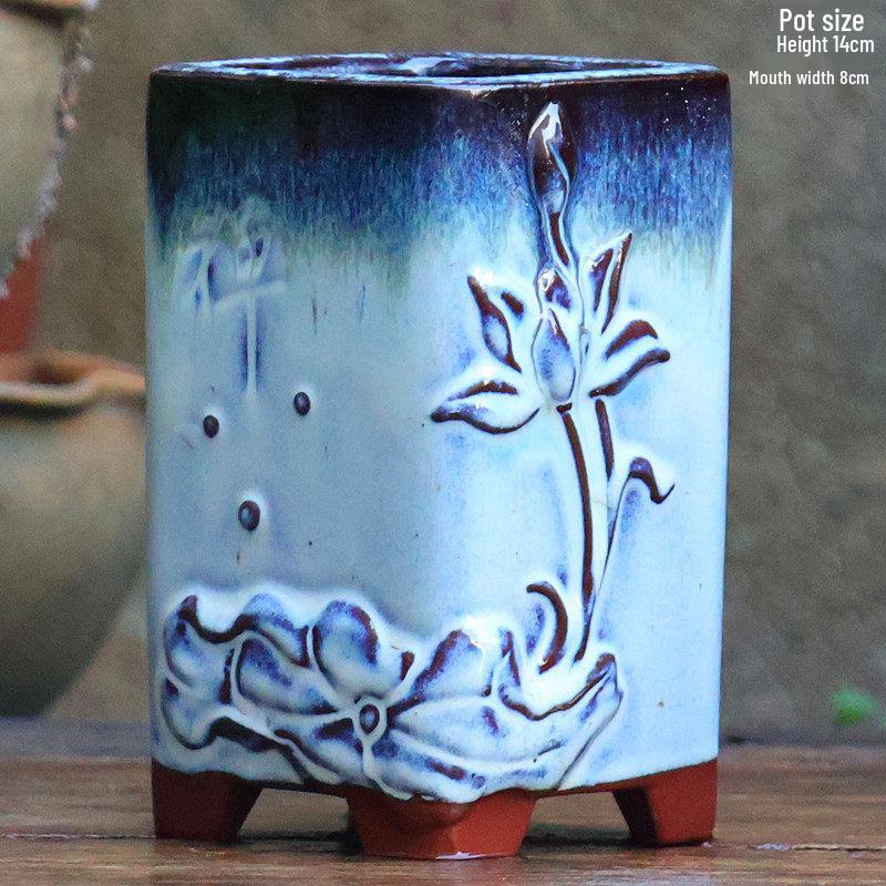 Handgefertigter unregelmäßiger quadratischer Keramik-Blumentopf für Sukkulenten - Pflanztopf mit großem Durchmesser für Mischbepflanzung