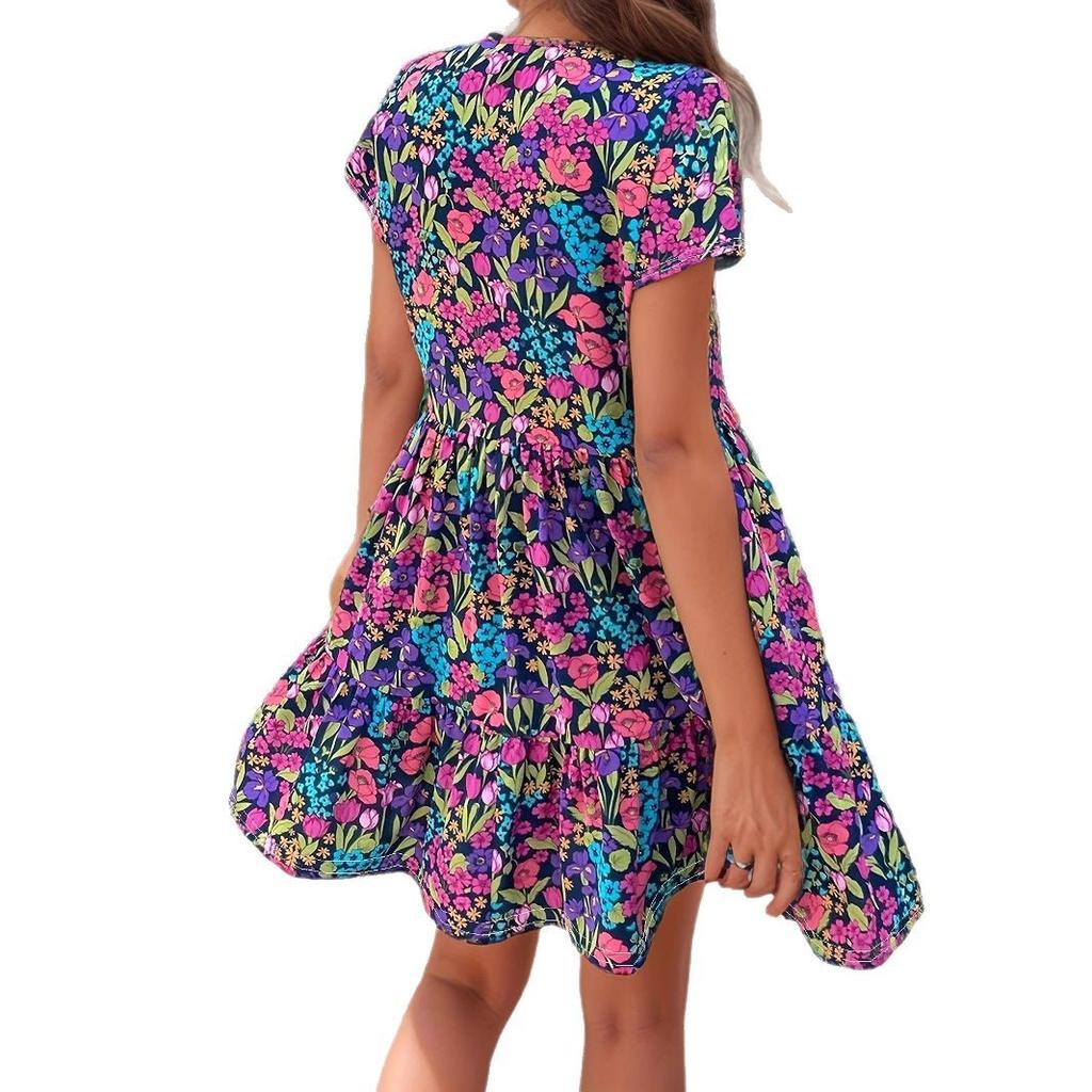 Women's short-sleeved V-neck printed loose short dress