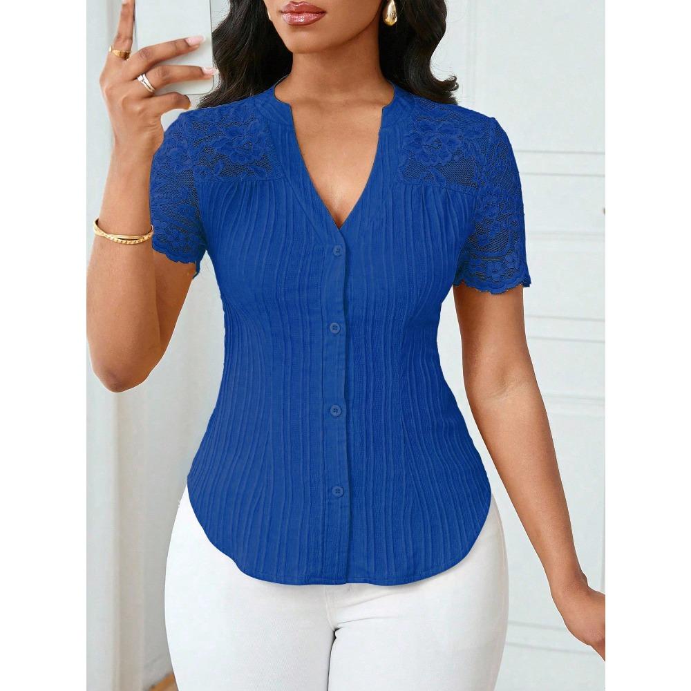 Top la modă, versatil, cu un singur nasture, de culoare uni, mulat, brodat, cu deschidere în față, cu mânecă scurtă
