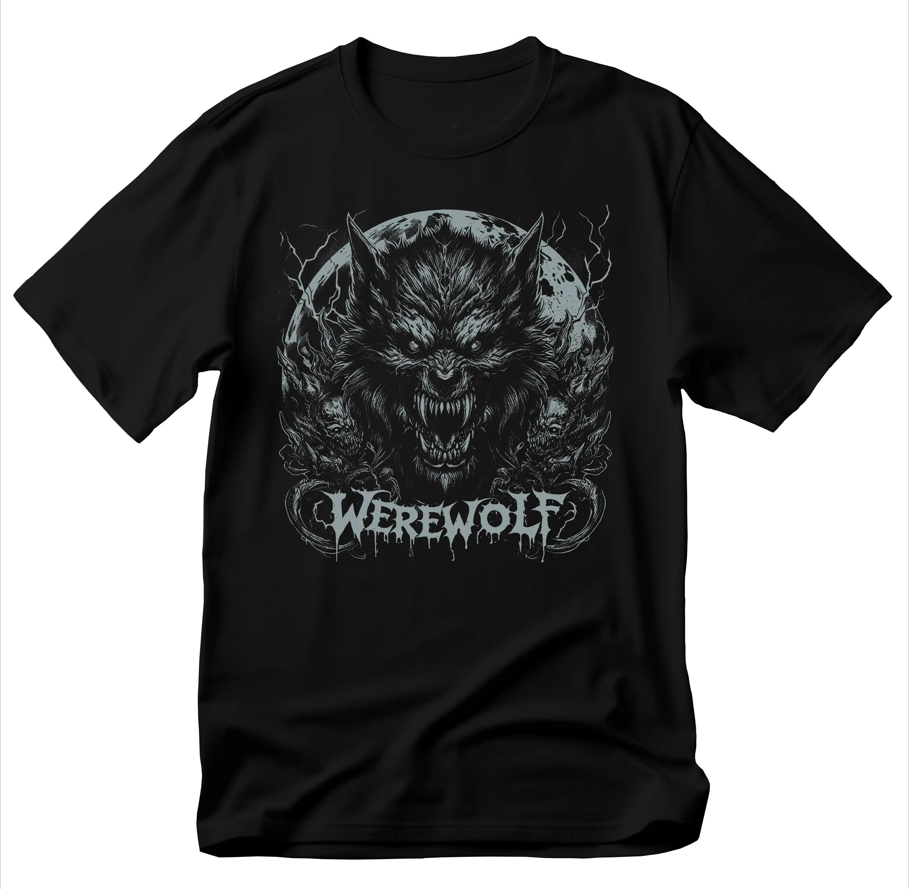 Scary Werewolf T-shirt Moon Background Personality Thriller Dark Cool Handsome Street Fashion Personality Short Sleeve Tops S