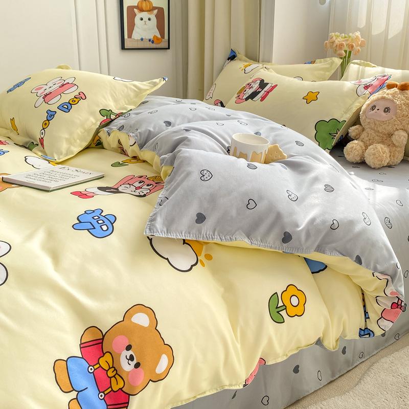 Dormitory Cartoon Printing Three-piece Set, Small Fresh Bed Sheet Quilt Cover, Skin-friendly Four-piece Set