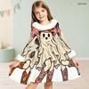 Girls High Neck Long Sleeve Halloween Black Cat Pumpkin Printed Fuzzy Trim A Line Dress