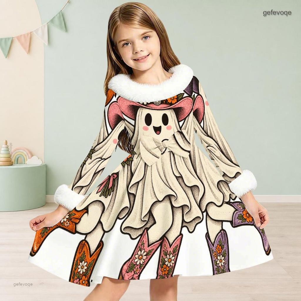 Girls High Neck Long Sleeve Halloween Black Cat Pumpkin Printed Fuzzy Trim A Line Dress