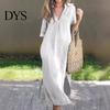 Lightweight Women Dress Summer Deep V Neck Three Quarter Sleeves Ankle Length Solid Color Thin Loose Side Slit A-line Casual Daily Vacation Beach Maxi