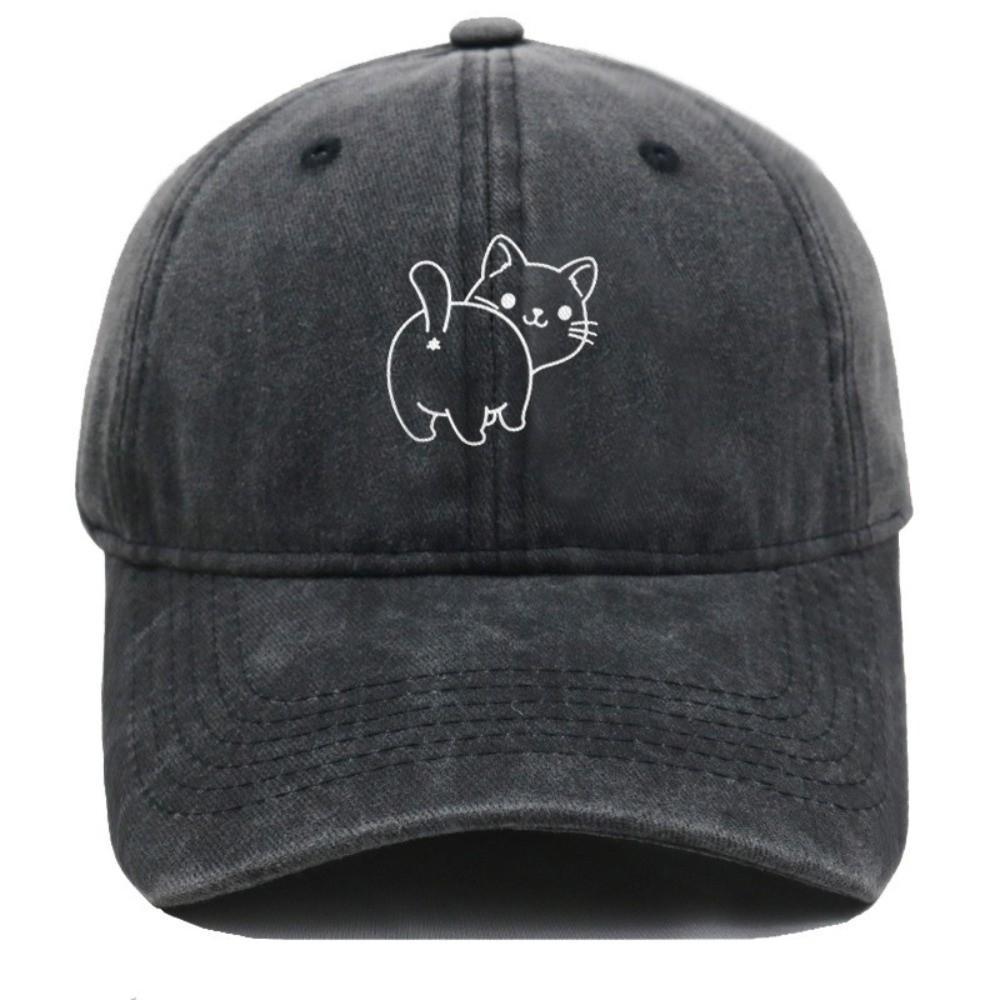 Cotton Fabric Baseball Cap Butt Cat Embroidery Baseball Hat Vintage Dad Hat  Outdoor