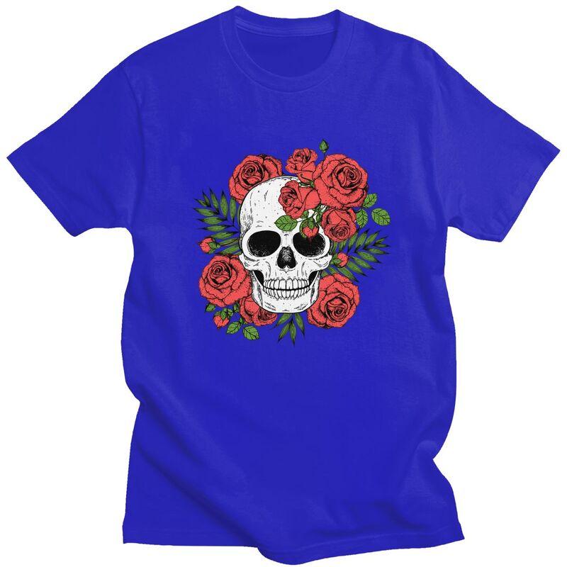 Custom Skull Roses Flowers T Shirts Men Short Sleeve Tshirts Streetwear Tee Tops 100 Cotton Slim Fit Tshirts Merch