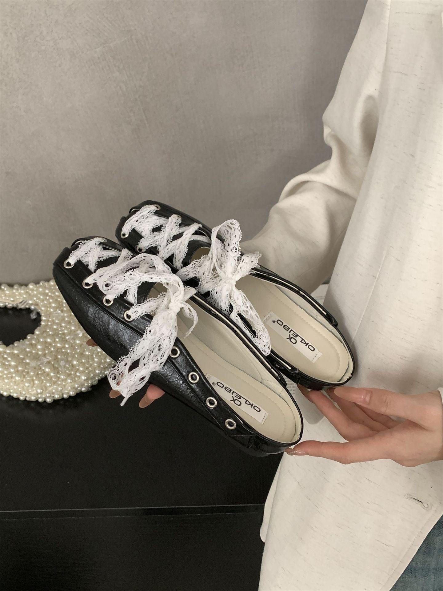 

Летние синие кружевные балетки, сумка, полусабо, женская летняя обувь, маленькие кожаные туфли, сандалии в ретро-стиле на одном ремешке 40 чёрный