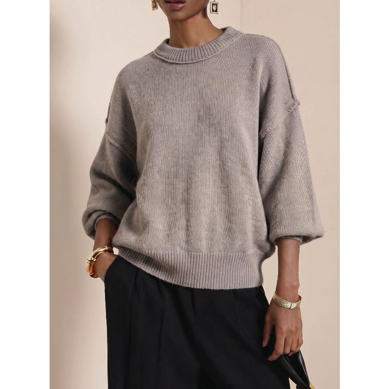 YYFS Moda feminina casual outono inverno cor sólida estampa manga comprida gola redonda suéteres