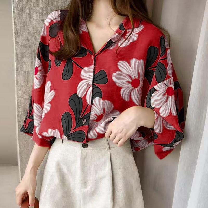 

ZANZEA Женская повседневная блузка свободного кроя с цветочным принтом и рукавом до локтя 2XL красный