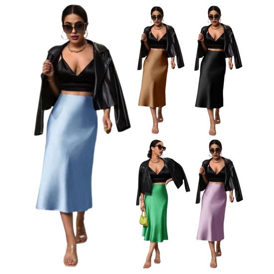 Women Midi Skirt High Waist Smooth Satin Fishtail Hem Slimming Skirt Travel Party Work Leisure Daily Wear