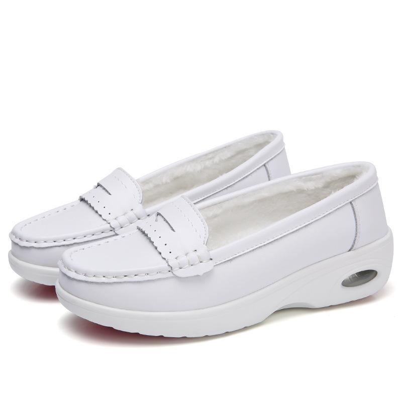 Cowhide air cushion nurse shoes shallow mouth women's shoes wedge heel flat casual shoes women's velvet mother shoes single shoes