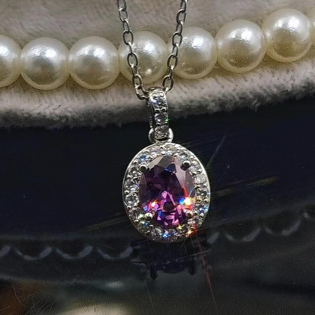 Imitation pigeon egg necklace, oval group inlaid zircon, synthetic yellow diamond, pink diamond pendant, collarbone chain