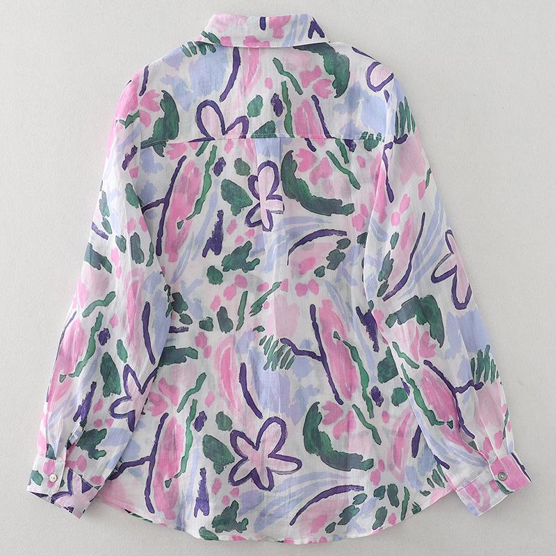 Women's Pink Crushed Print Cotton and Linen Long-sleeved Shirt Fall French Literary Loose Temperament Casual Blouse
