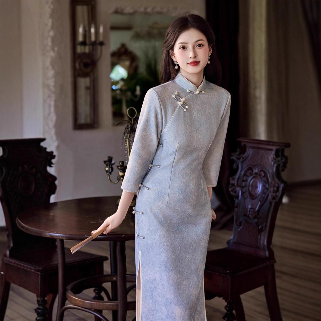 1011 autumn new cheongsam new Chinese style long blue cheongsam retro slim waist daily women's cheongsam