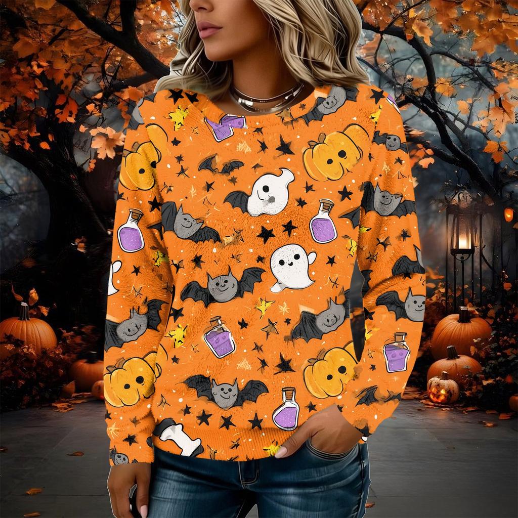Women's Flannel Long Sleeve Top with Halloween Print Neck Pullover Shirt