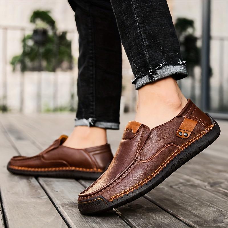 Hand-stitched Men's Outdoor Casual Shoes,Slip-on Flat Leather Shoes,Spring Breathable Plus Size Loafers