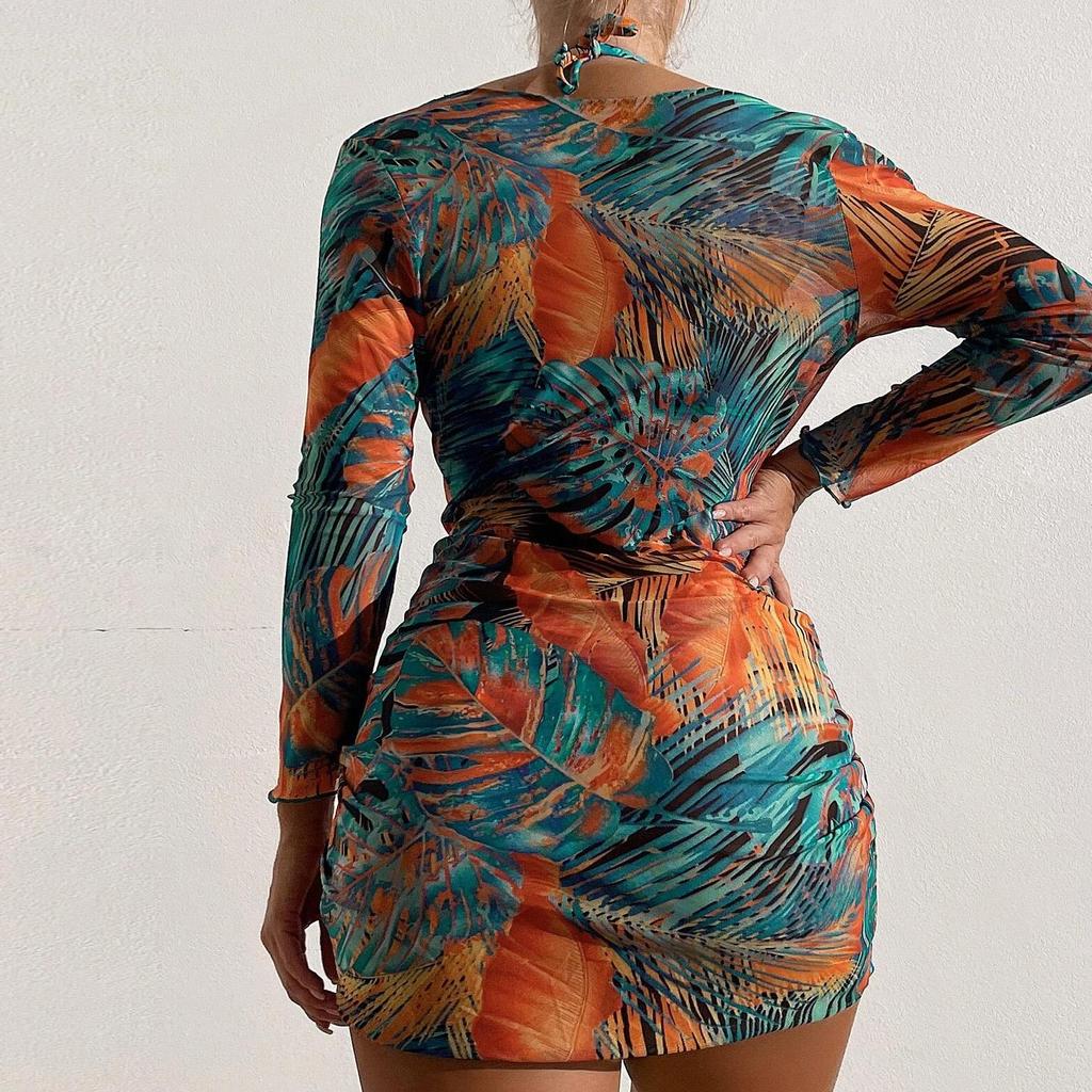 Women's Split Three Piece Set Printed Net Red Tie Dyed Lace Up Drawstring Swimsuit Bikini Sets