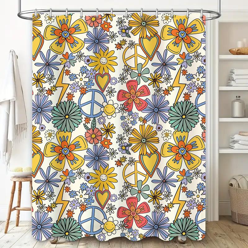 Psychedelic Shower Curtain Bohemian Floral Peace Sign Design Durable Polyester Fabric For Bathroom Decorations (Multicolor)