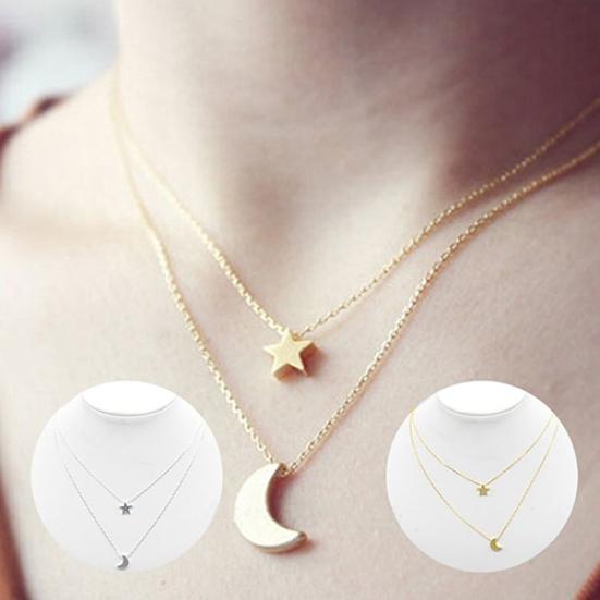 Women's Sexy Star Moon Double-Layer Vertical Drop Bar Pendant Charm Necklace
