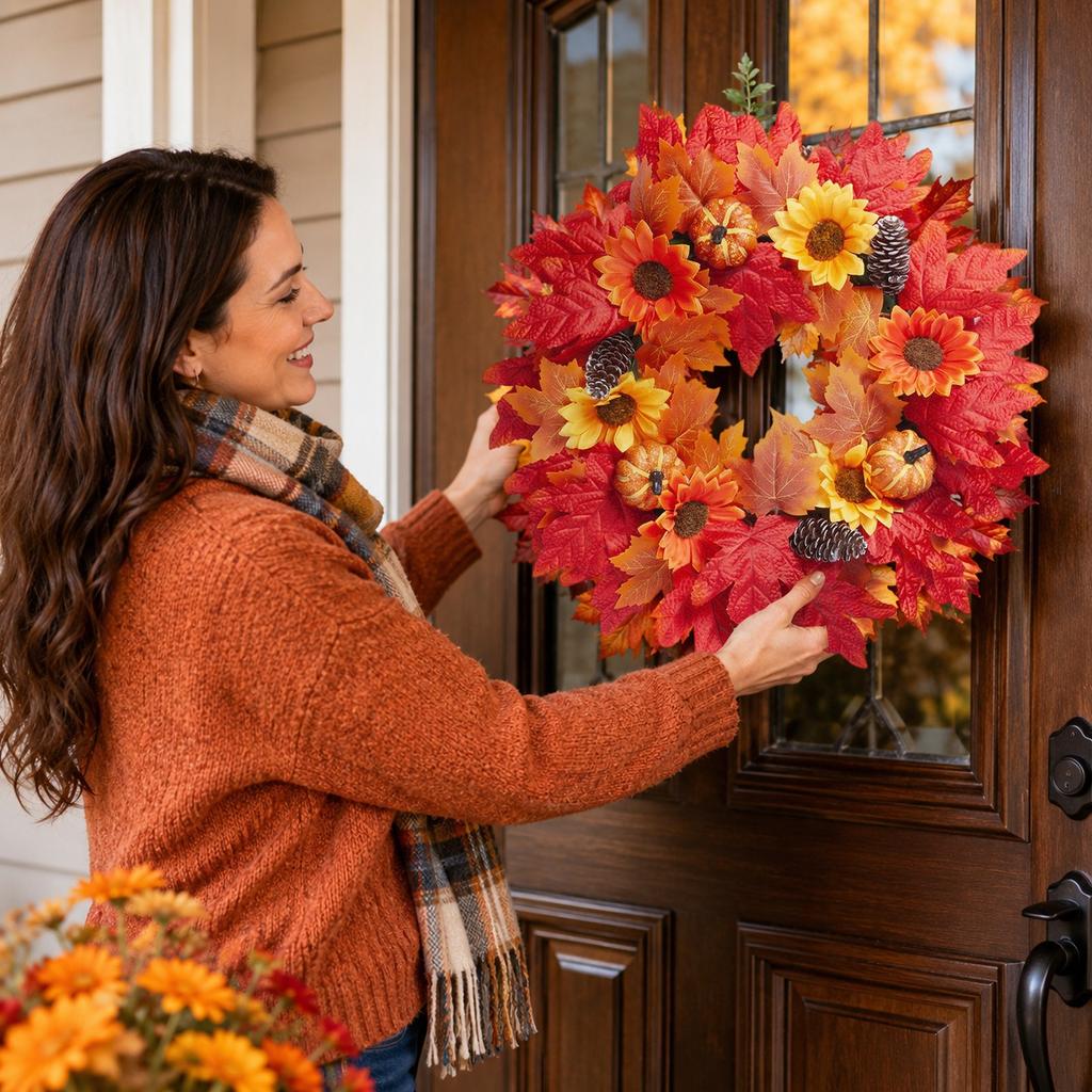 Artificial Maple Leaf Wreath with Pumpkin for Halloween Fall Home Decor