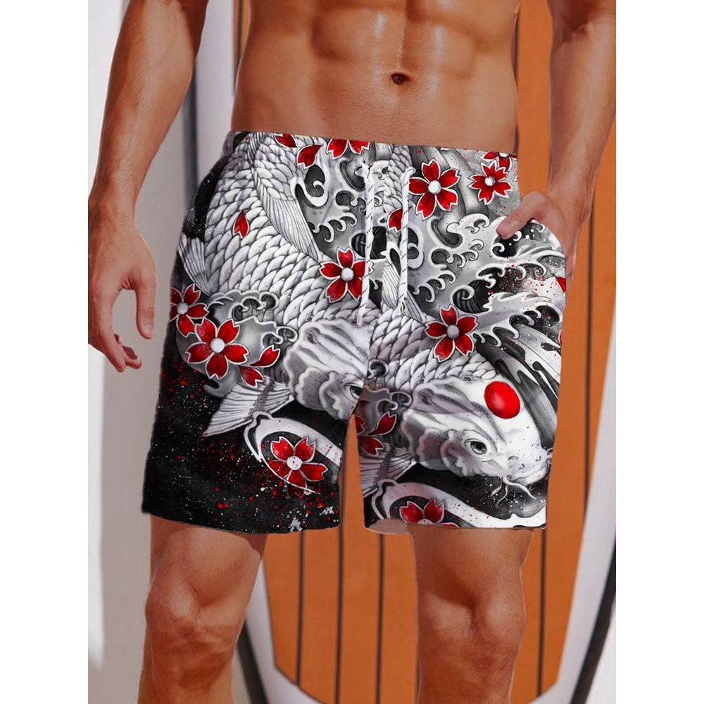 2026 Summer 3D Printed Ukiyo-E Fierce Dragon Printing Shorts Men's Board Shorts Swim Trunks Drawstring Breathable Short