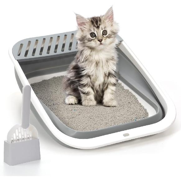 Foldable Cat Litter Box, Large Height-Adjustable Anti-Splash Open Air Kitty Litter Pan, Easy Clean with Scoop (Gray)