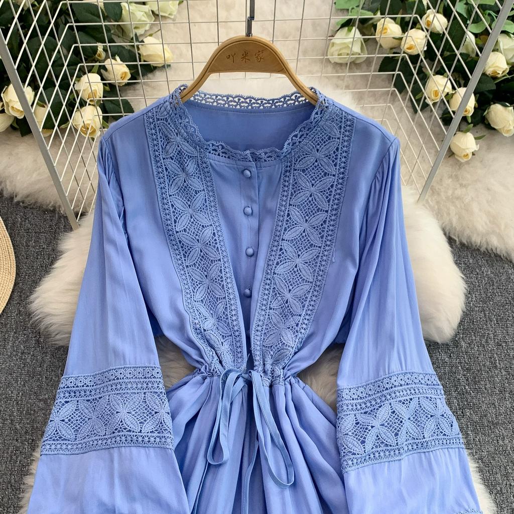 Lace Patchwork Round Neck Long Sleeved Dress for Women In Spring  Autumn Buttoned Drawstring Waist Cinching Slimming Cake Women Dress