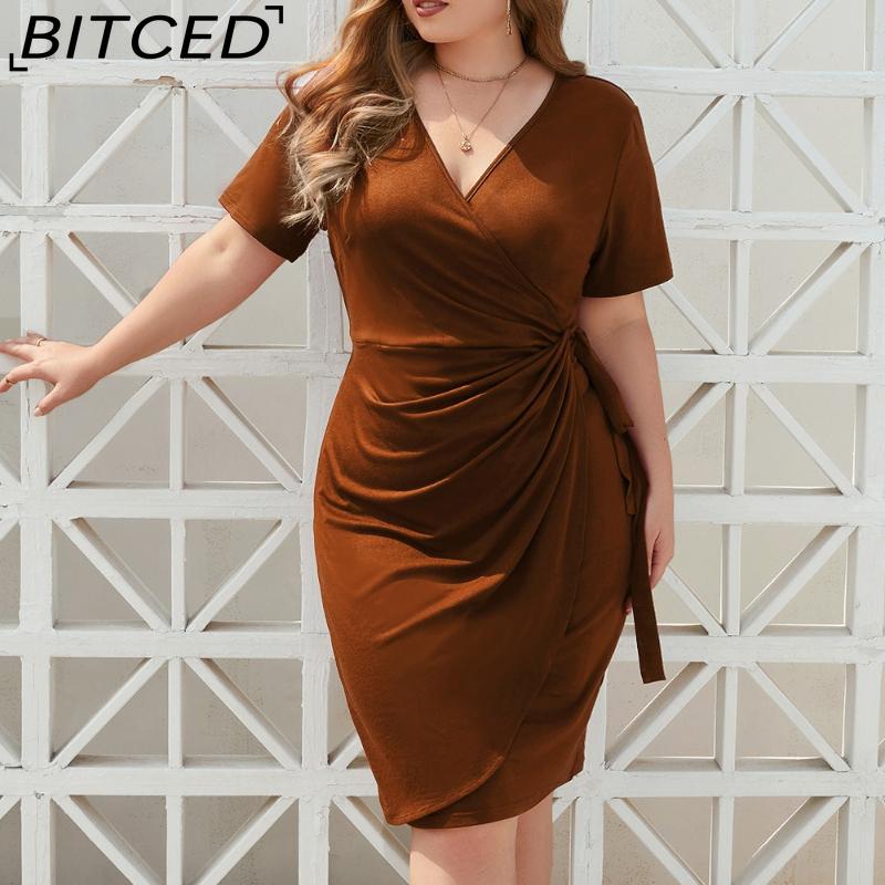 

BITCED Сукня великого розміру однотонна повсякденна курортна сукня з зав язкою, курортна міді-сукня з V-подібним вирізом XXXXL коричневий