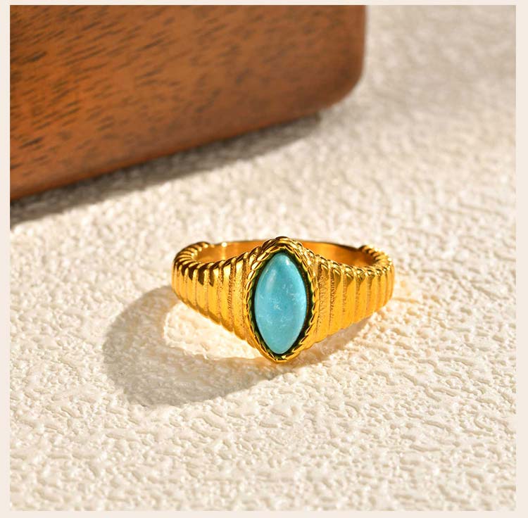 Women's Fashion Created-turquoise Ring Golden Wedding Brand Stone Rings Waterproof Jewelry