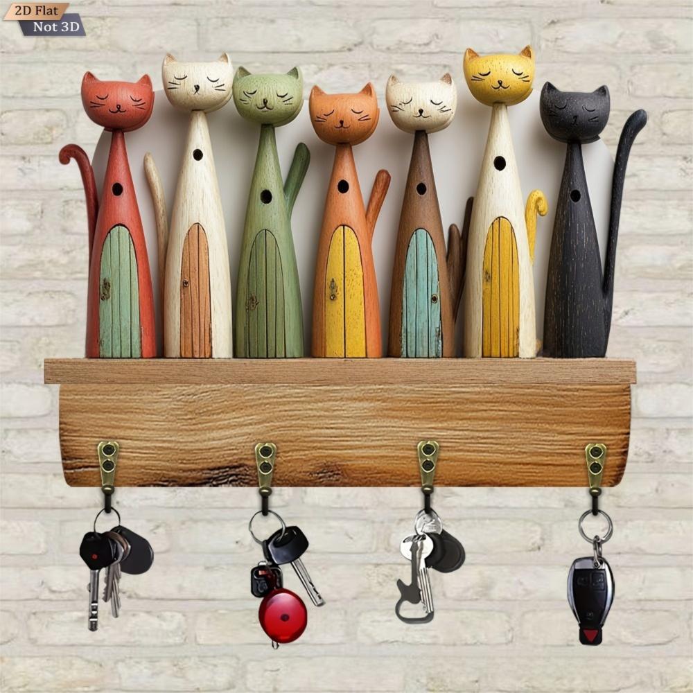 Kleurrijk Kattenpatroon Sleutelhaak Houten Sleutelhangerhouder Handige Wand Sleutelhouder Veranda Decoratie