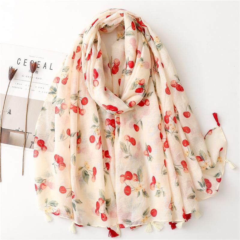 2023 Spring/Summer Sweet Style Cartoon Cherry Cotton Linen Scarf for Women