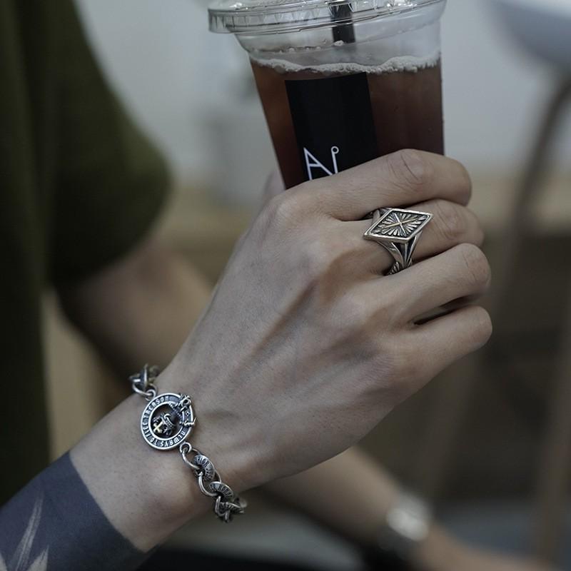 Adjustable Open Ring Men Women Vintage Punk Geometric Cross Design Sterling Jewelry