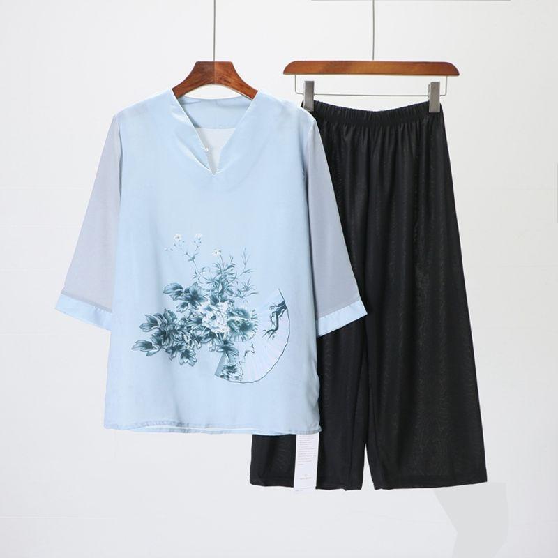 

Big Sale [Shen] Pinshangtuan Fashion Middle Lady Spring 3/4 Sleeve Tops + Cropped Pants Fashion Suit 2t083 Gray XL/170/92A