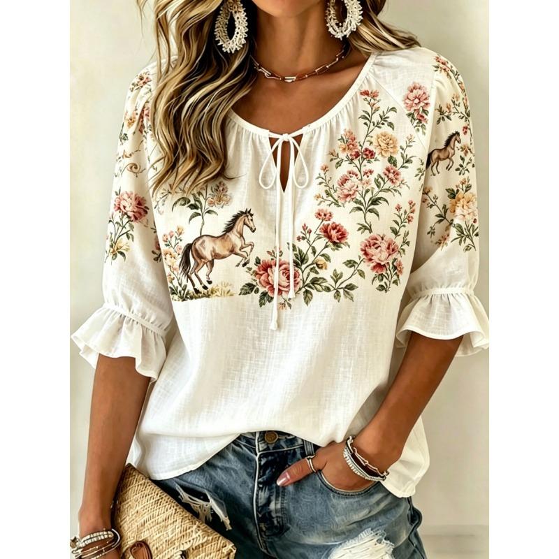 Women's Boho Geometric Tribal Print Tie Front Blouse, Casual Loose Top for Spring Summer Daily Wear