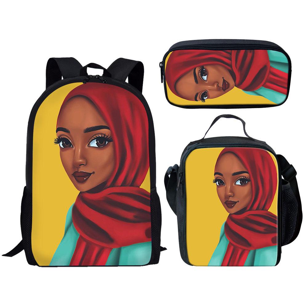 Classic Popular Novelty Cute African girl 3D Print 3pcs/Set pupil School Bags Laptop Daypack Backpack Lunch bag Pencil Case