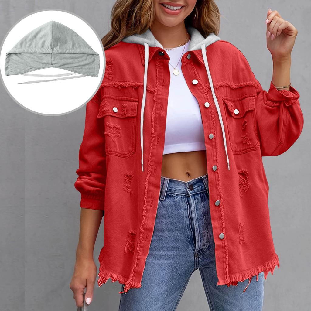 Damska codzienna luźna patchworkowa katana dżinsowa z przetarciami, płaszcz średniej długości