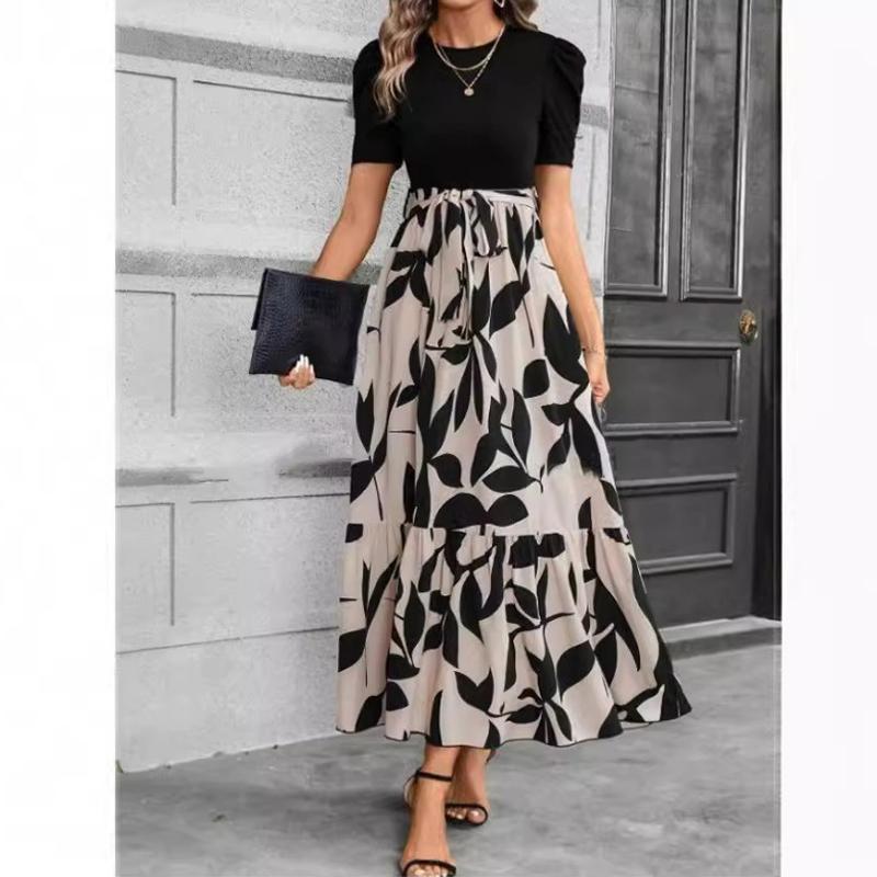 2025 Spring Summer Short Sleeve Floral Printing Elegant Dress Crew Neck Fashion Splicing Vacation Style Casual A-line Party Dress Slim Women Clothing
