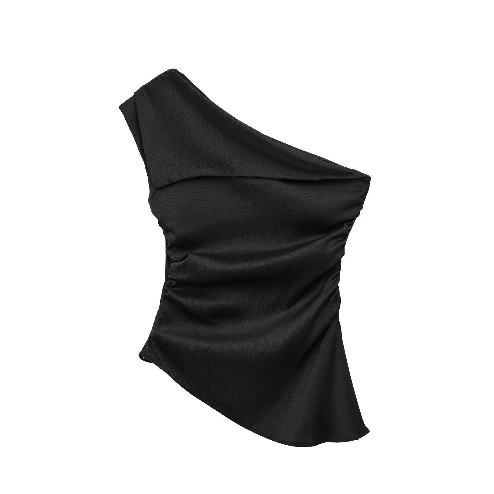 

Весна 2025 Женский асимметричный топ-жилет с открытым плечом и драпировкой - Европейский и американский стиль Extra Small чёрный