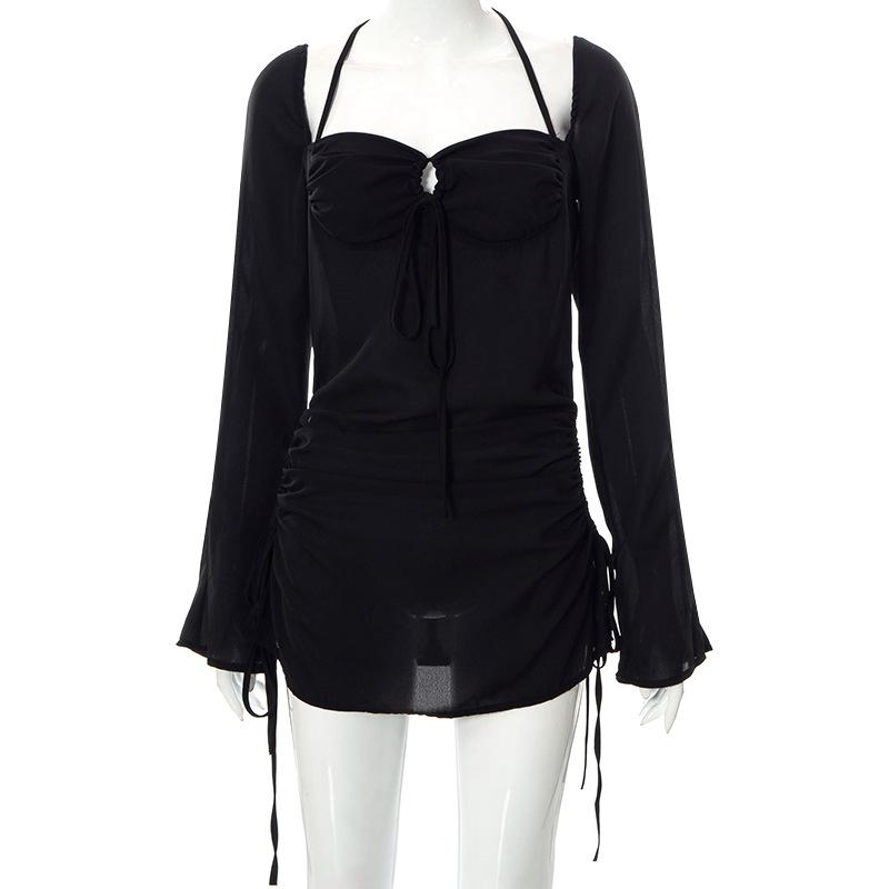 Baby Pink Cutout Halter Mini Dress Club Party Drawstring Mesh Ruched Solid S-L