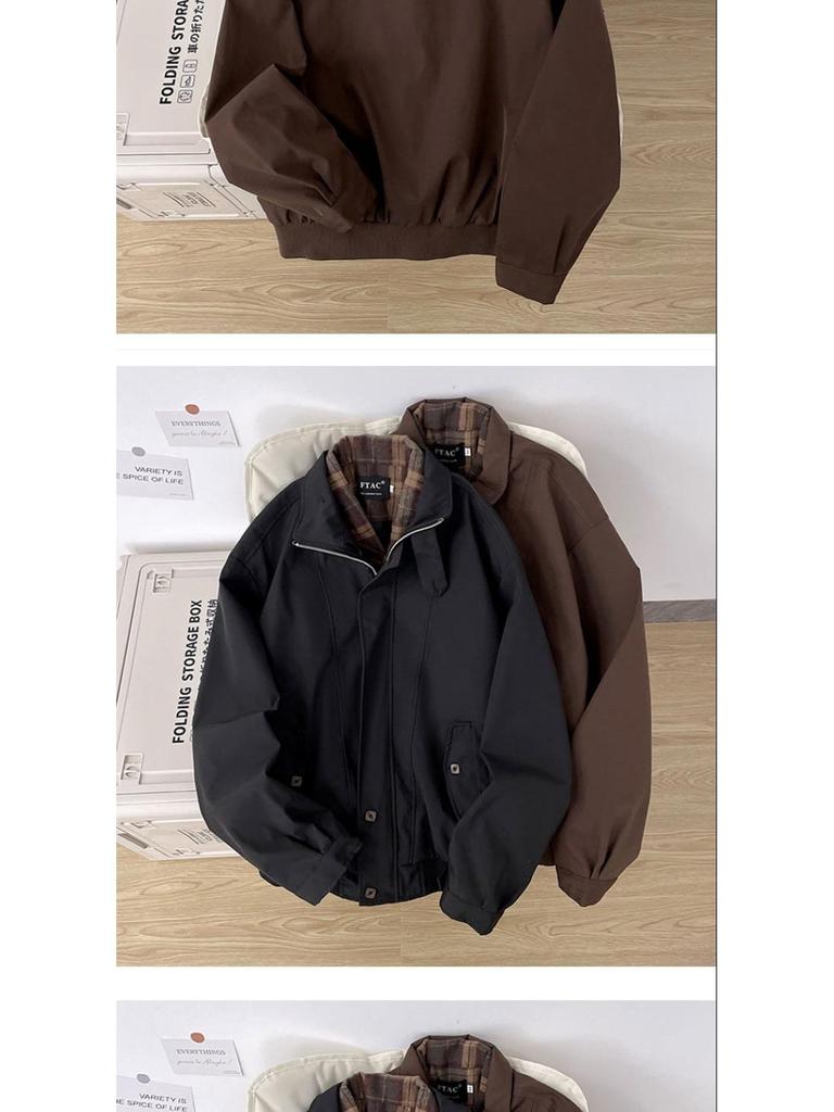 Men's Retro Plaid Patchwork Harrington Jacket - Two-Piece Layered Silhouette