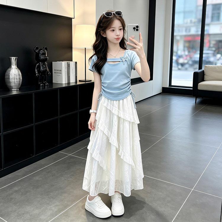 Girls' Summer 2026 Set: Drawstring T-shirt & Irregular Lace High-Waist A-line Skirt